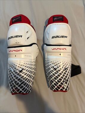 Bauer White and Red Vapor Shin Guards - Hockey Protective Gear Size 8.5